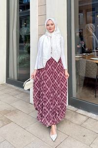 Dikiş Detay Etnik Desen Beli Lastikli Şifon Etek Fuşya