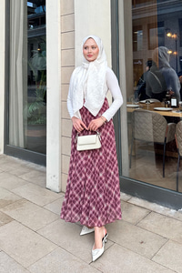 Dikiş Detay Etnik Desen Beli Lastikli Şifon Etek Fuşya