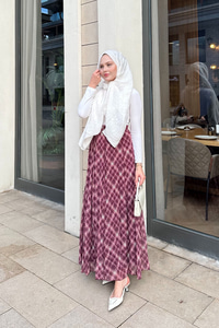 Dikiş Detay Etnik Desen Beli Lastikli Şifon Etek Fuşya