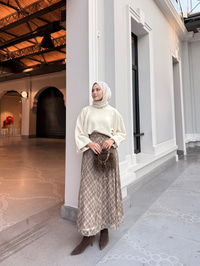 Dikiş Detay Etnik Desen Beli Lastikli Şifon Etek Vizon