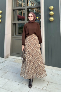 Dikiş Detay Etnik Desen Beli Lastikli Şifon Etek Yağ Yeşil