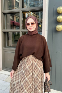 Dikiş Detay Etnik Desen Beli Lastikli Şifon Etek Yağ Yeşil