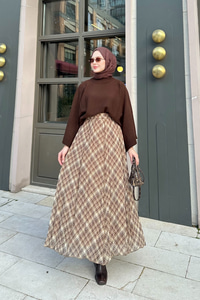 Dikiş Detay Etnik Desen Beli Lastikli Şifon Etek Yağ Yeşil