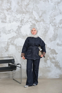 Dikiş Detay Gömlek Yaka Garnili İkili Takım Lacivert