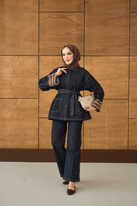 Dikiş Detay Gömlek Yaka Garnili İkili Takım Lacivert