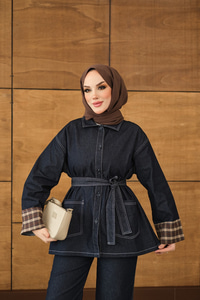 Dikiş Detay Gömlek Yaka Garnili İkili Takım Lacivert