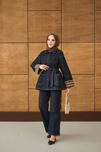 Dikiş Detay Gömlek Yaka Garnili İkili Takım Lacivert