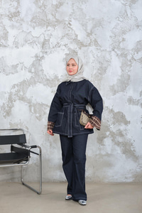 Dikiş Detay Gömlek Yaka Garnili İkili Takım Lacivert