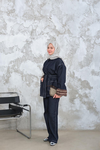 Dikiş Detay Gömlek Yaka Garnili İkili Takım Lacivert