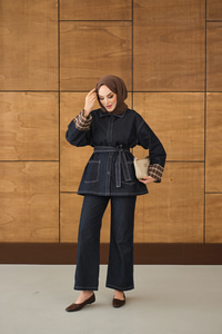 Dikiş Detay Gömlek Yaka Garnili İkili Takım Lacivert