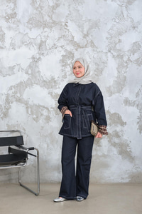 Dikiş Detay Gömlek Yaka Garnili İkili Takım Lacivert