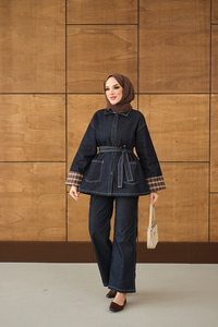 Dikiş Detay Gömlek Yaka Garnili İkili Takım Lacivert