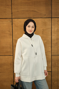 Dikiş Detay Kapüşonlu Hırka Beyaz