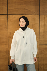 Dikiş Detay Kapüşonlu Hırka Beyaz