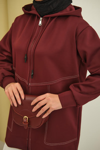 Dikiş Detay Kapüşonlu Hırka Bordo