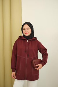 Dikiş Detay Kapüşonlu Hırka Bordo
