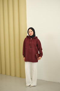 Dikiş Detay Kapüşonlu Hırka Bordo