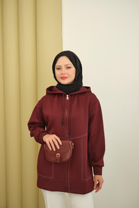 Dikiş Detay Kapüşonlu Hırka Bordo