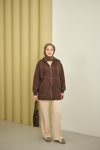 Dikiş Detay Kapüşonlu Hırka Kahverengi