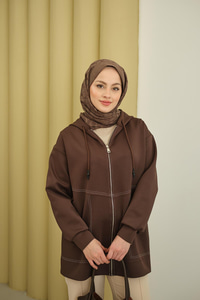 Dikiş Detay Kapüşonlu Hırka Kahverengi