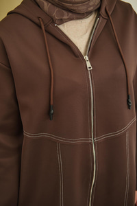 Dikiş Detay Kapüşonlu Hırka Kahverengi