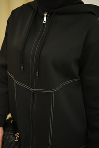 Dikiş Detay Kapüşonlu Hırka Siyah