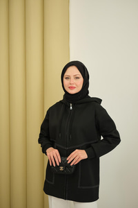 Dikiş Detay Kapüşonlu Hırka Siyah