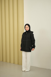 Dikiş Detay Kapüşonlu Hırka Siyah