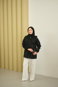 Dikiş Detay Kapüşonlu Hırka Siyah