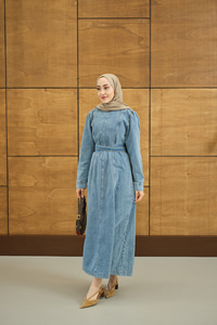 Dikiş Detay Kot Elbise Buz Mavi