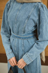 Dikiş Detay Kot Elbise Buz Mavi