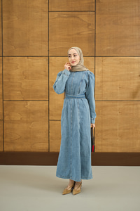 Dikiş Detay Kot Elbise Buz Mavi