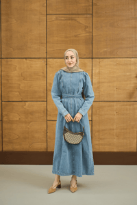 Dikiş Detay Kot Elbise Buz Mavi