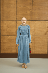 Dikiş Detay Kot Elbise Buz Mavi