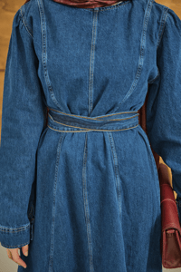 Dikiş Detay Kot Elbise Koyu Mavi