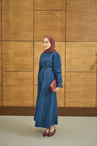 Dikiş Detay Kot Elbise Koyu Mavi