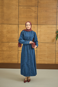 Dikiş Detay Kot Elbise Koyu Mavi