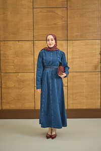 Dikiş Detay Kot Elbise Koyu Mavi