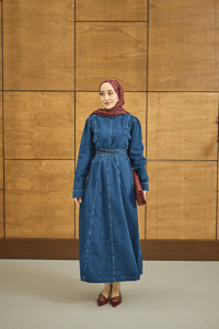 Dikiş Detay Kot Elbise Koyu Mavi