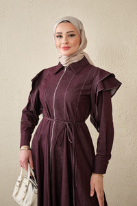 Dikiş Detay Omuz Büzgülü Kot Elbise Bordo