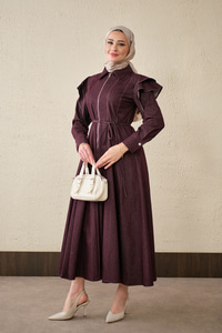 Dikiş Detay Omuz Büzgülü Kot Elbise Bordo