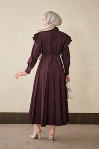 Dikiş Detay Omuz Büzgülü Kot Elbise Bordo