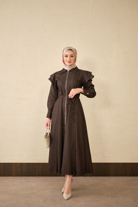 Dikiş Detay Omuz Büzgülü Kot Elbise Kahverengi