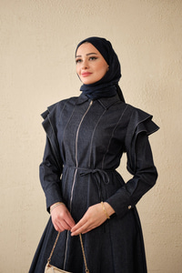 Dikiş Detay Omuz Büzgülü Kot Elbise Lacivert