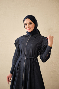 Dikiş Detay Omuz Büzgülü Kot Elbise Lacivert