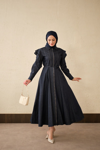 Dikiş Detay Omuz Büzgülü Kot Elbise Lacivert