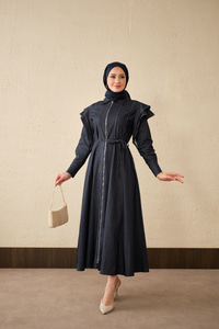 Dikiş Detay Omuz Büzgülü Kot Elbise Lacivert