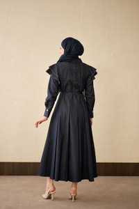 Dikiş Detay Omuz Büzgülü Kot Elbise Lacivert