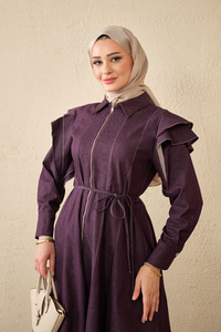 Dikiş Detay Omuz Büzgülü Kot Elbise Mor