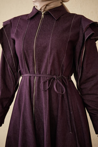 Dikiş Detay Omuz Büzgülü Kot Elbise Mor